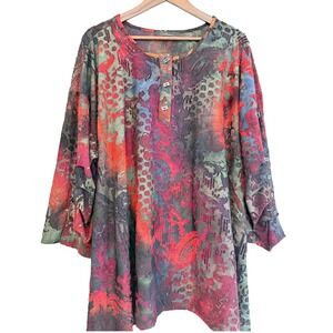 Calessa Rainbow Burnout Velvet Tunic 3/4 Sleeve Size 1X Boho Artsy Lagenlook